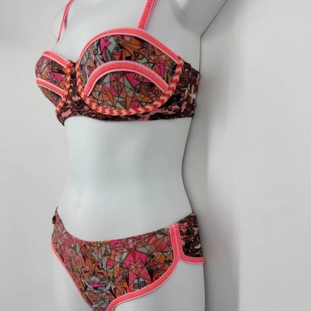 Maaji Bikini Set Size Small Pink Orange Geometric Print Swimsuit Tropical Beach